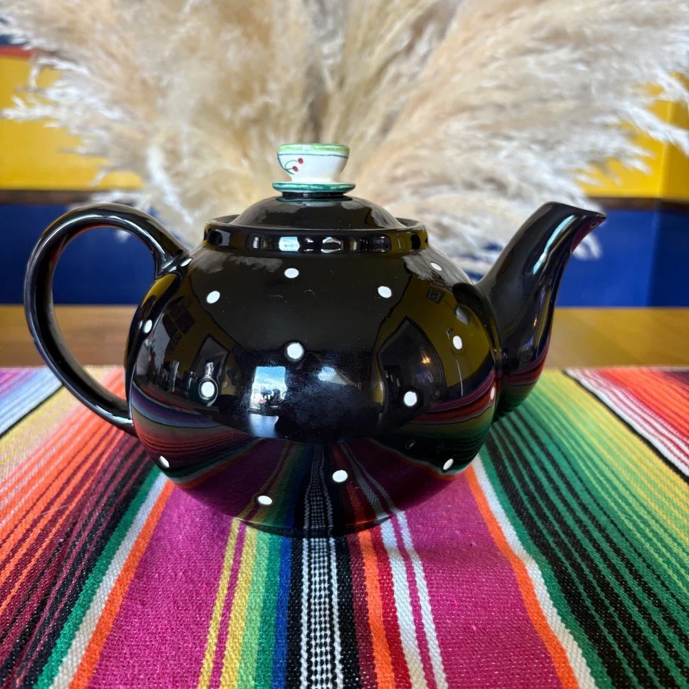 Department 56 Tea Party Black Polka Dot Ceramic Teapot with Teacup Lid Finial